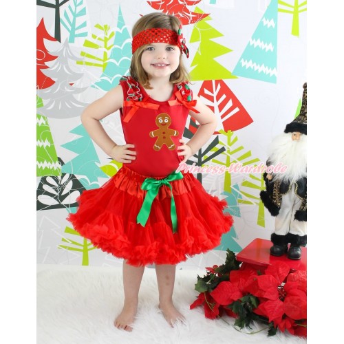 Xmas Red Baby Pettitop Red White Green Dots Ruffles Red Bow & Brown Gingerbread Print & Red Newborn Pettiskirt NG1611